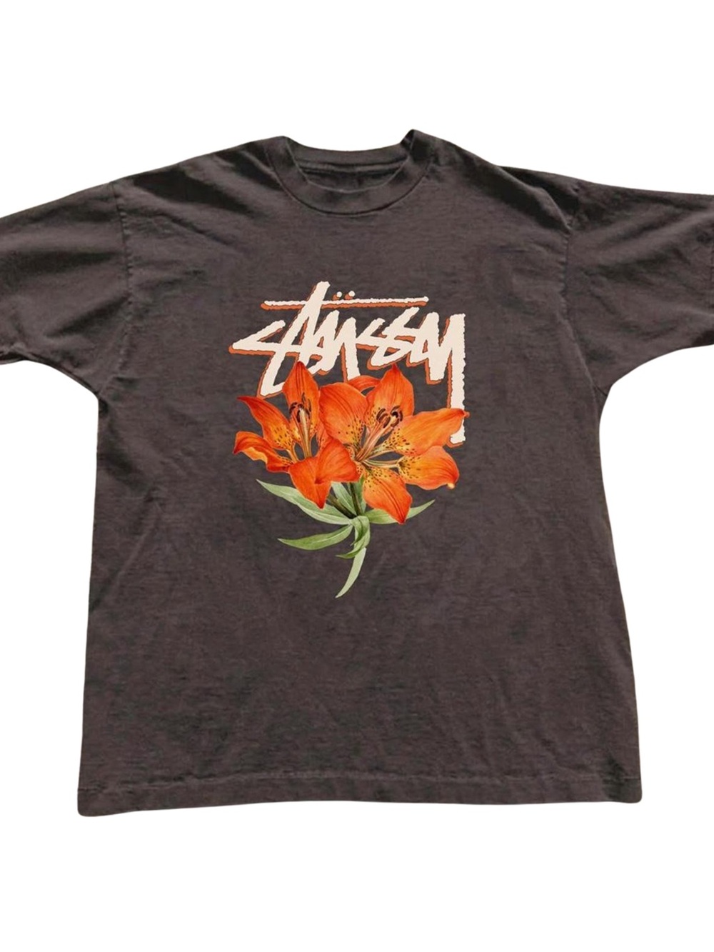 Gildan Brown Short-Sleeve Tee with Orange Floral Graphic